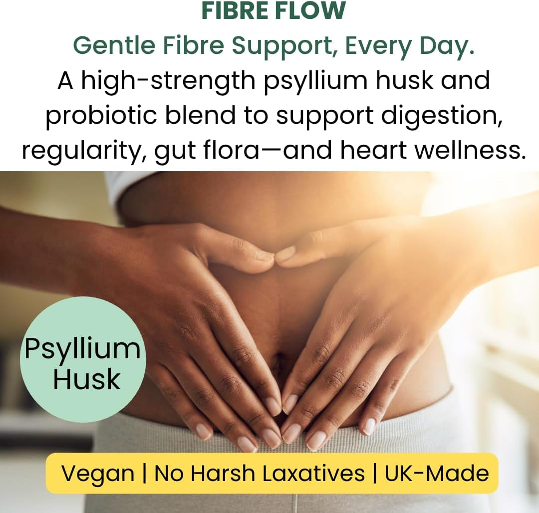 Psyllium Husk Fibre Flow Supplement with Probiotics | 120 Vegan Capsules | Daily Gut, Digestive & Heart Health Support | Natural Stool Fibre Boost HERA Vitality