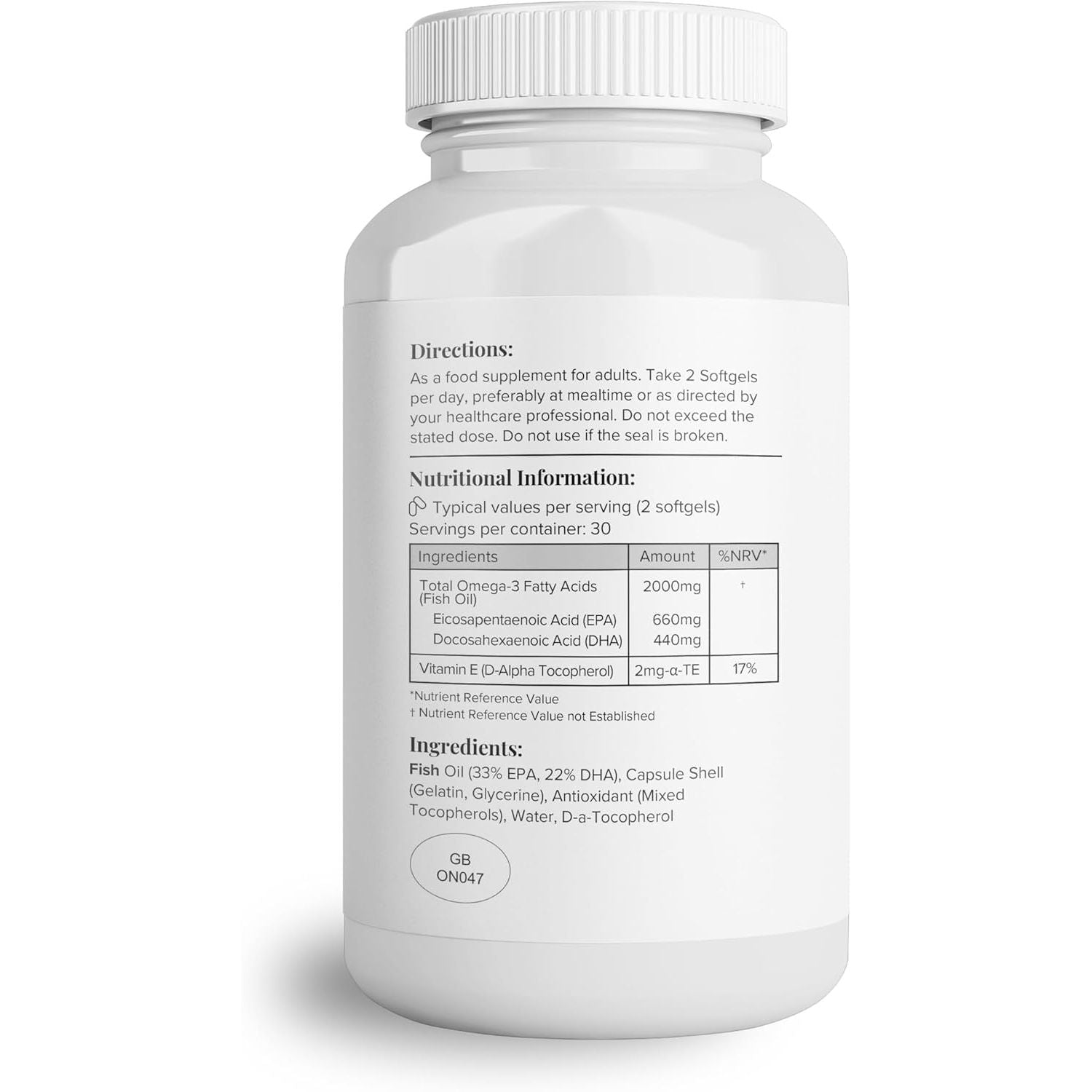 Hey Nutrition Pure Omega-3 Fish Oil 2000Mg with Vitamin E - High EPA + DHA Concentration - Maintains Heart, Joint, Brain & Immunity Support - UK Manufactured - Non-Gmo - 60 Softgels