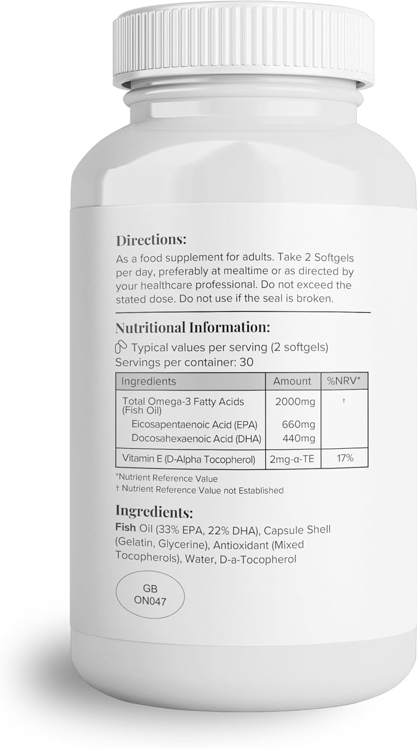 Hey Nutrition Pure Omega-3 Fish Oil 2000Mg with Vitamin E - High EPA + DHA Concentration - Maintains Heart, Joint, Brain & Immunity Support - UK Manufactured - Non-Gmo - 60 Softgels