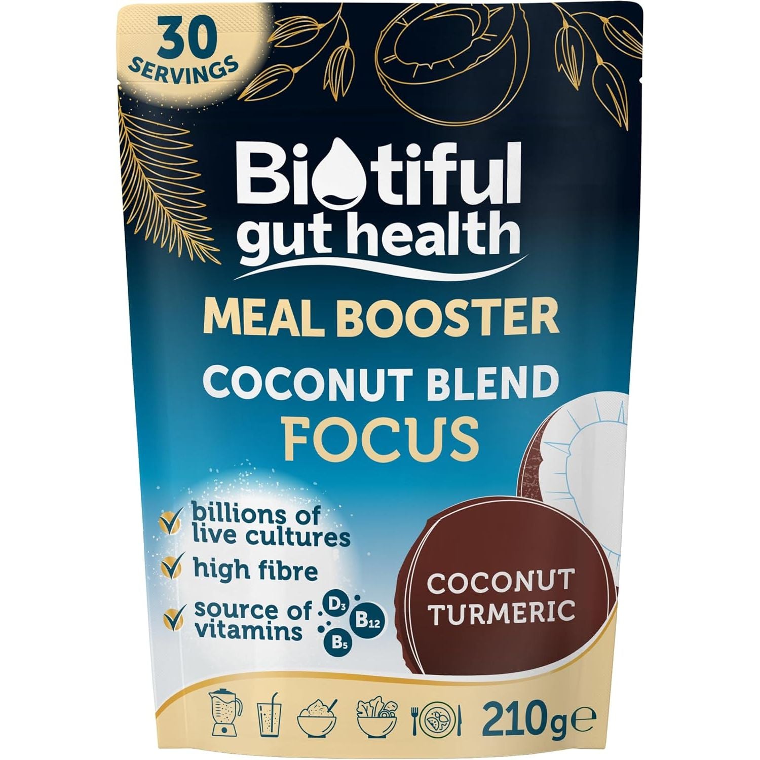 Gut Health, Super Food, Meal Booster, 34 Billion Probiotics, Prebiotic Fibre, Source of Vitamins D3 B5 B12, Greens Powder Alternative, Vegan Friendly, Gluten Free, Coconut & Turmeric, 30 Servings