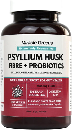 Powerful 4000Mg Psyllium Husk Fibre with Probiotics – 20 Billion CFU with 10 Strains – Natural Easy to Absorb Fibre from Plantago Ovata Seeds - 120 Capsules to Promote Regularity & Digestive Health