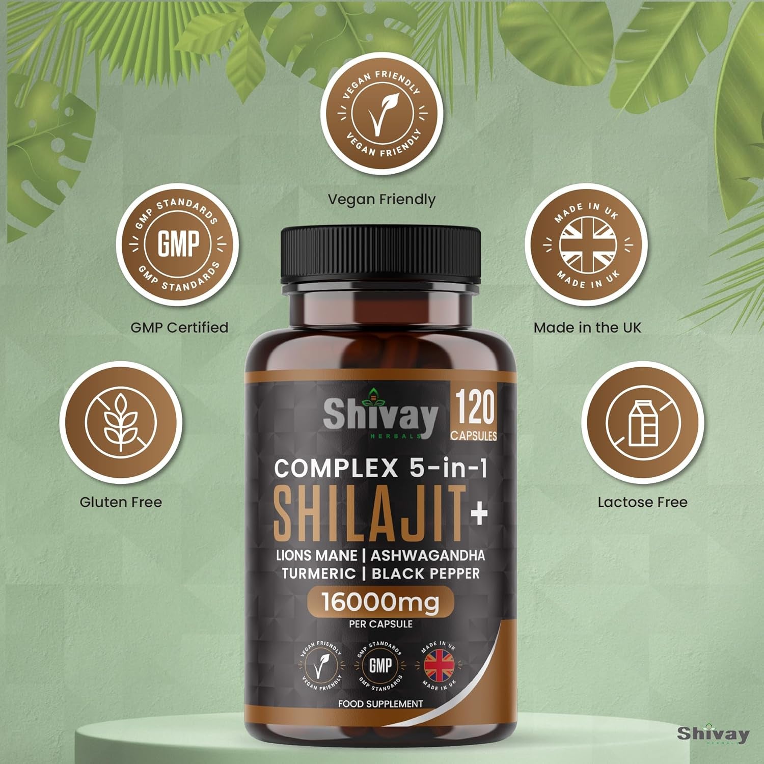 Shilajit 16000Mg Complex 5 in 1 with Ashwagandha + Lions Mane | 120 Vegan Capsules - 4 Month Supply | High Strength Pure Himalayan Shilajit | Rich in Fulvic Acid | Made in UK by Shivay Herbals