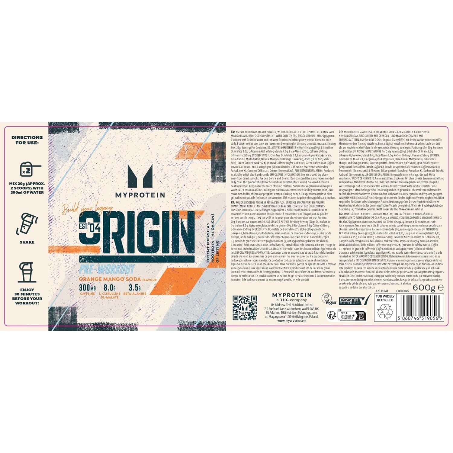 Myprotein Origin Pre-Workout Power with Beta Alanine and Caffeine, Orange and Mango, 600 G