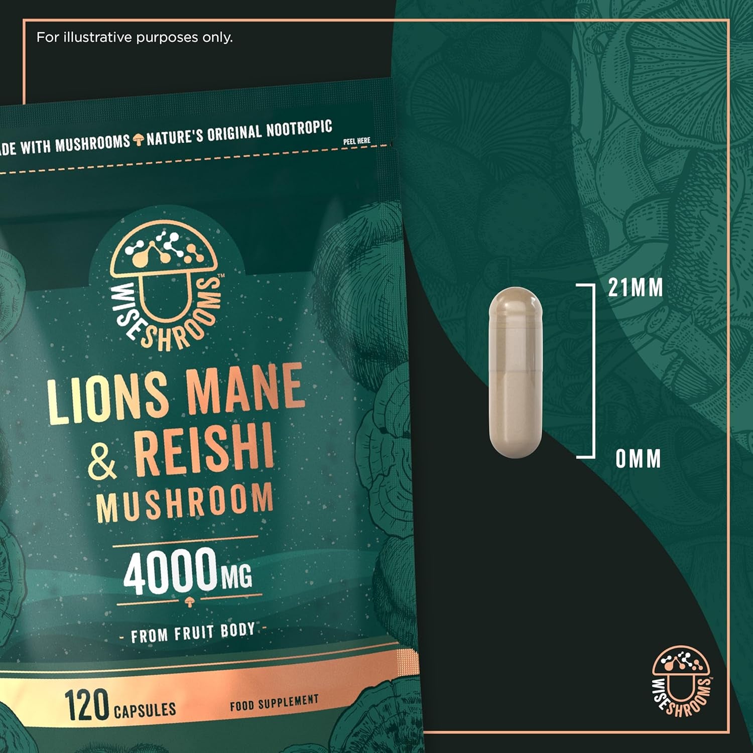 Lions Mane Supplement 4000Mg with Reishi Mushroom | Lions Mane Capsules High Strength | 120 Powder Capsules | Vegan | Wiseshrooms