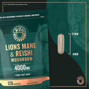 Lions Mane Supplement 4000Mg with Reishi Mushroom | Lions Mane Capsules High Strength | 120 Powder Capsules | Vegan | Wiseshrooms