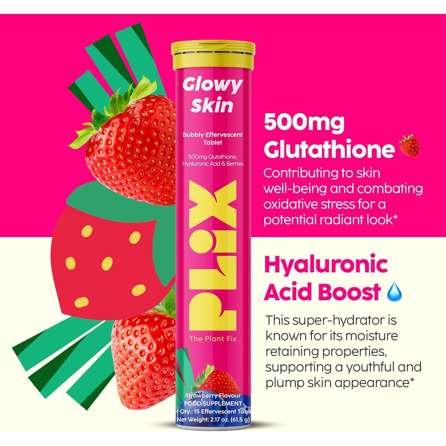 PLIX Glowy Skin 500Mg Glutathione Supplement with Hyaluronic Acid, Vitamin C, E & Berries | 30 Effervescent Tablets, Strawberry Flavor