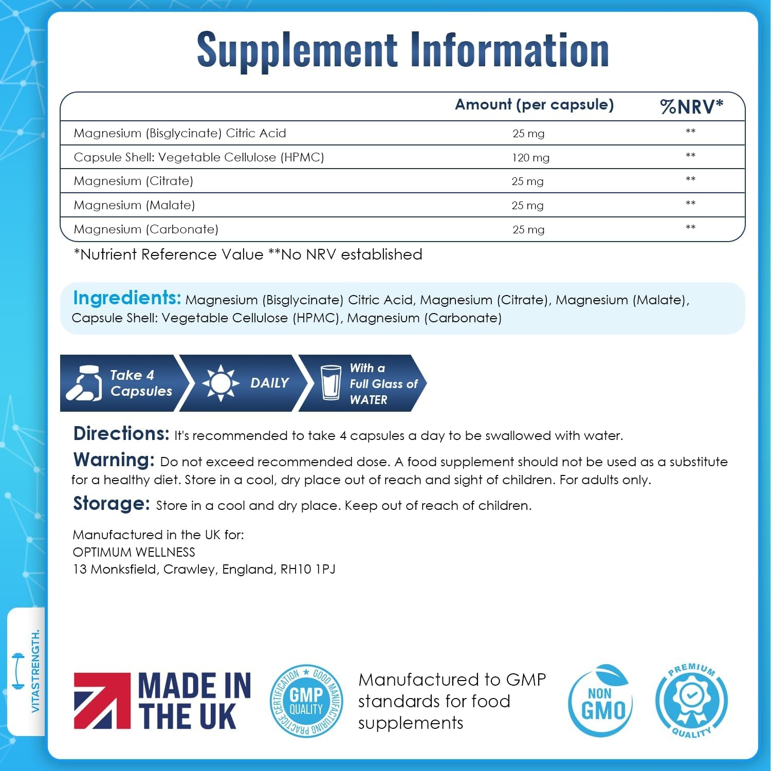 Magnesium Supplement 4 in 1 – 120 Capsules, 400Mg Daily Dose-With Magnesium Bisglycinate,Citrate,Malate & Carbonate-Essential Mineral Complex for General Well-Being & Daily Support by VITASTRENGTH.