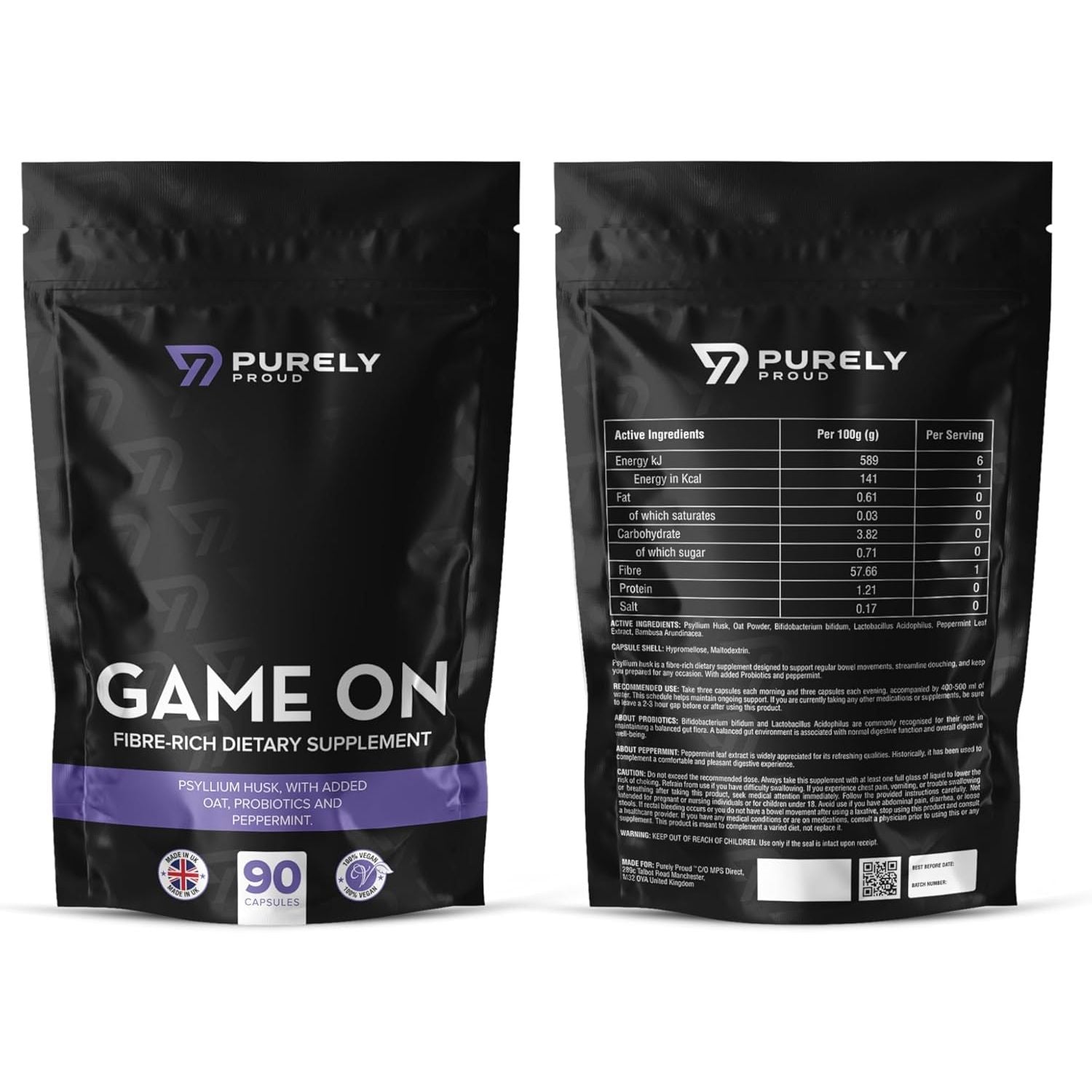 Purely Proud Game on – Fibre Rich Supplement for Bottoms | Stay Ready with Psyllium Husk, Probiotics, Peppermint | Supports Digestion, Gut Health & Clean Confidence | Vegan | 90 Capsules | Made in UK