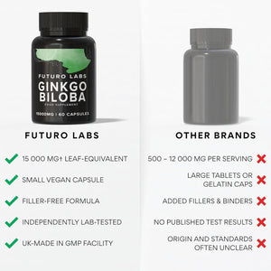 Ginkgo Biloba Capsules 15,000Mg - 60 Capsules (2 Months Supply) - Standardised Leaf Extract - High Strength, Vegan, Lab Tested & Gluten Free - Made in the UK