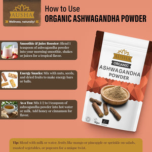 Ausha Organic Ashwagandha Powder 500G | High Strength - UK Certified Organic by Soil Association - for Stress and Anxiety Relief, Energy, Sleep Aid - Whole Ashwagandha Root Used