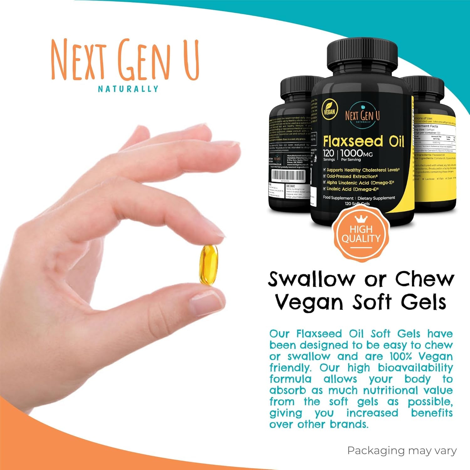 Flaxseed Oil Capsules - 1000 Mg - 120 Vegan Soft Gels - High in Omega 3, 6, 9 - Cold Pressed Flax Seed Formula - 4 Months Supply - by Nextgenu