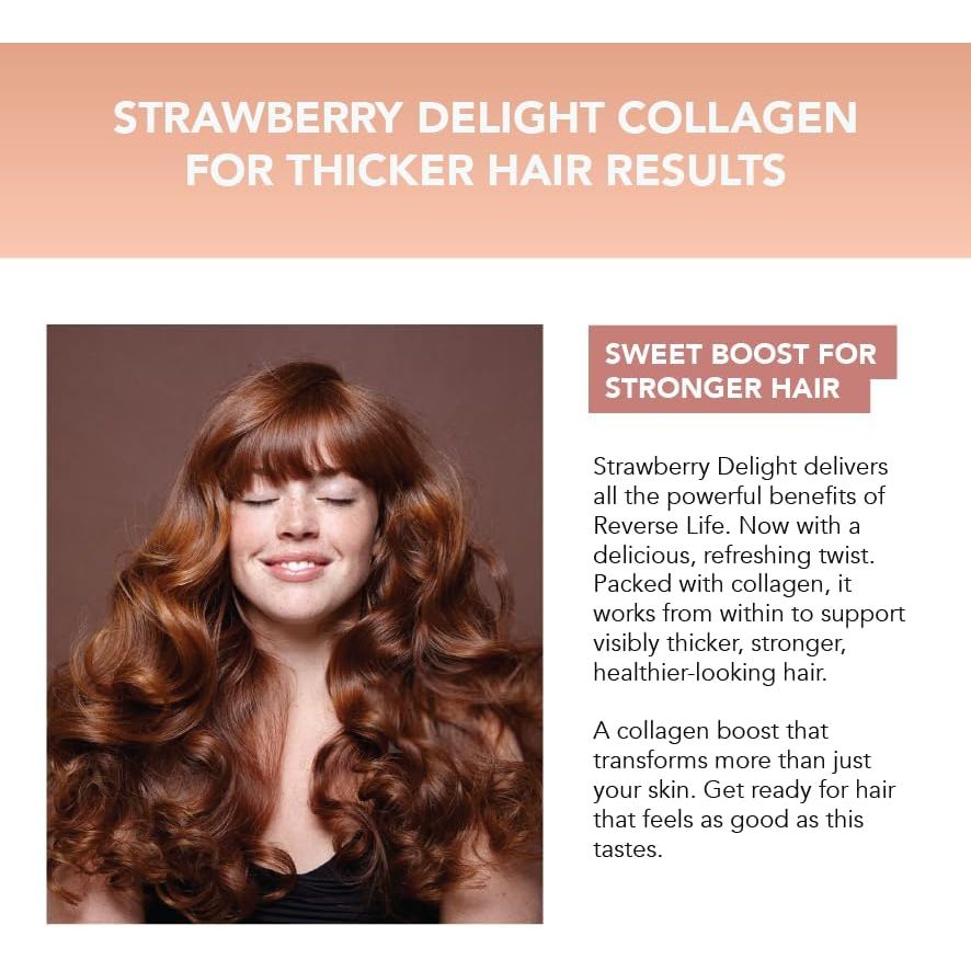 Reverse Life - Bovine Collagen Supplements - Nails, Skin, Hair Supplements for Women and Men - Hair Care Contains Biotin, Vitamin D3, Folic Acid, Hyaluronic Acid - Strawberry Delight Flavour - 500Ml