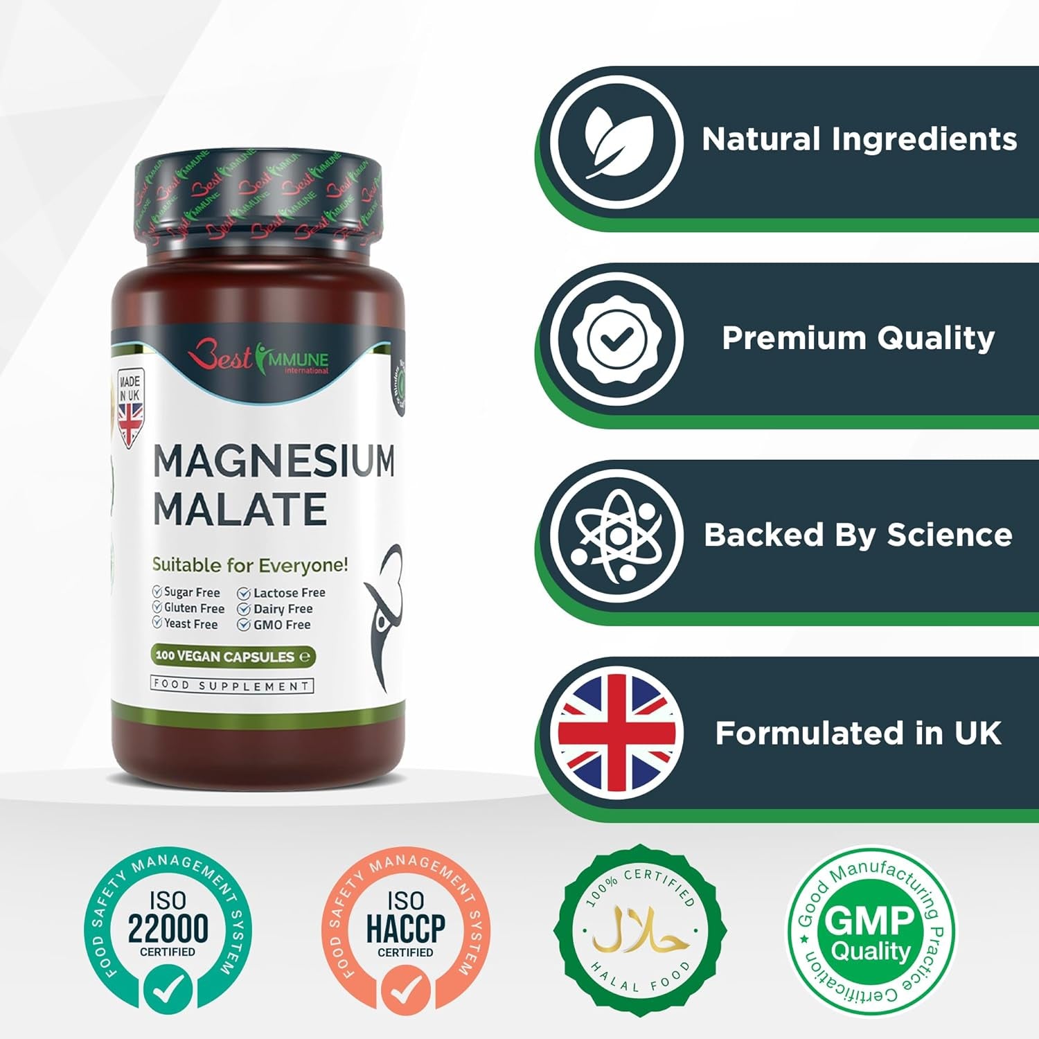 Best Immune, Magnesium Malate 500Mg – High Strength Supplement for Absorption and Energy Support – 100 Vegan Capsules