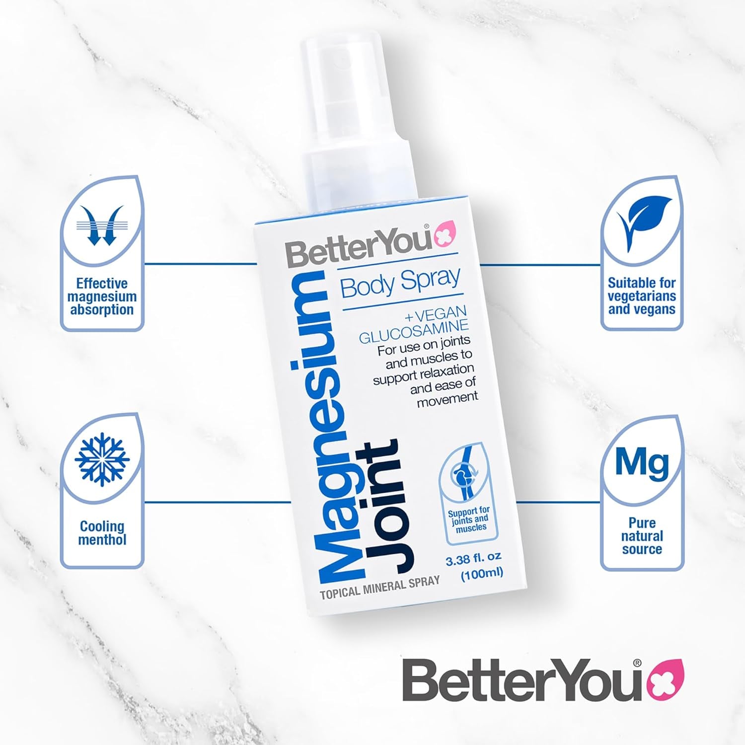 Betteryou Magnesium Joint Body Spray, Magnesium Chloride and Glucosamine, Effective Support for Joints and Muscles, Supports Relaxation, 100Ml Magnesum Oil Supplement
