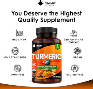 Turmeric 5-In-1 Complex - 5000Mg Turmeric Capsules High Strength Enriched with Magnesium & Glucosamine Sulphate - Added Ginger Capsules + Black Pepper, 95% Curcumin Supplement - Vegan Supplement