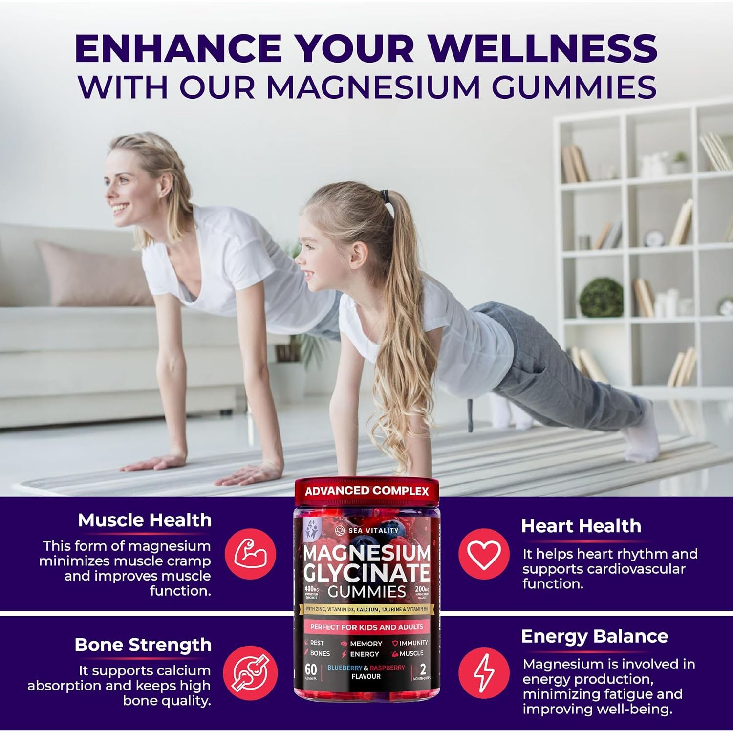 Magnesium Glycinate Gummies for Kids & Adults - High Strength Magnesium Glycinate 400Mg with Malate, Zinc, D3, B6 & Taurine – Blueberry & Raspberry Flavours – Sleep, Focus & Relaxation – 60 Chews