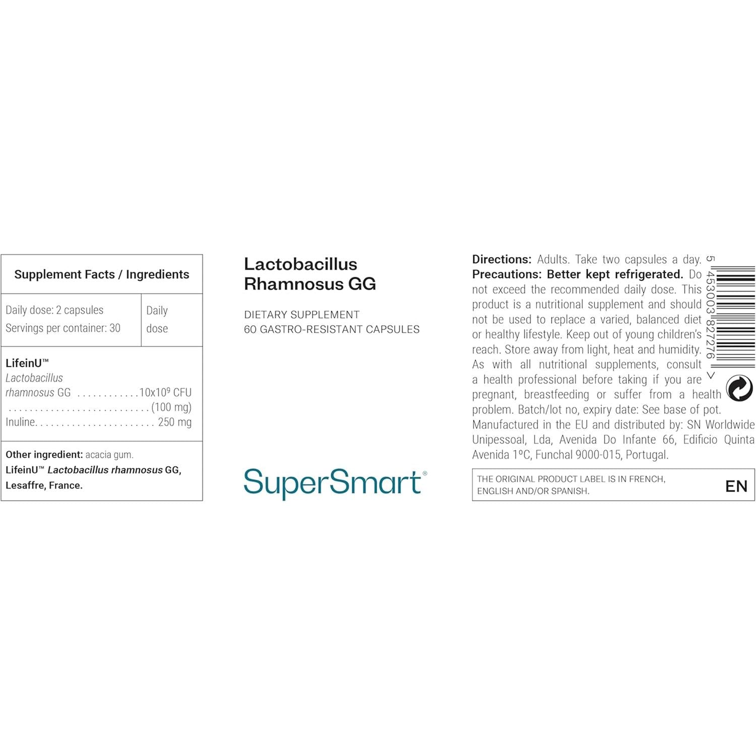 Lactobacillus Rhamnosus GG - Probiotic - Balances Microbiota and Gut Flora - Boosts the Immune System - Stimulates Lactobacillus Production - 60 Capsules - Vegan - Gluten-Free - Non-Gmo - Supersmart