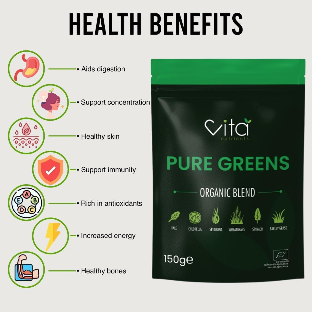 Pure Greens Superfood Powder 150G - Premium Organic Blend of 6 Plant Based Super Greens - Vegan & Gluten Free - Vitamin Fibre & Mineral Rich Formula - Made in the UK