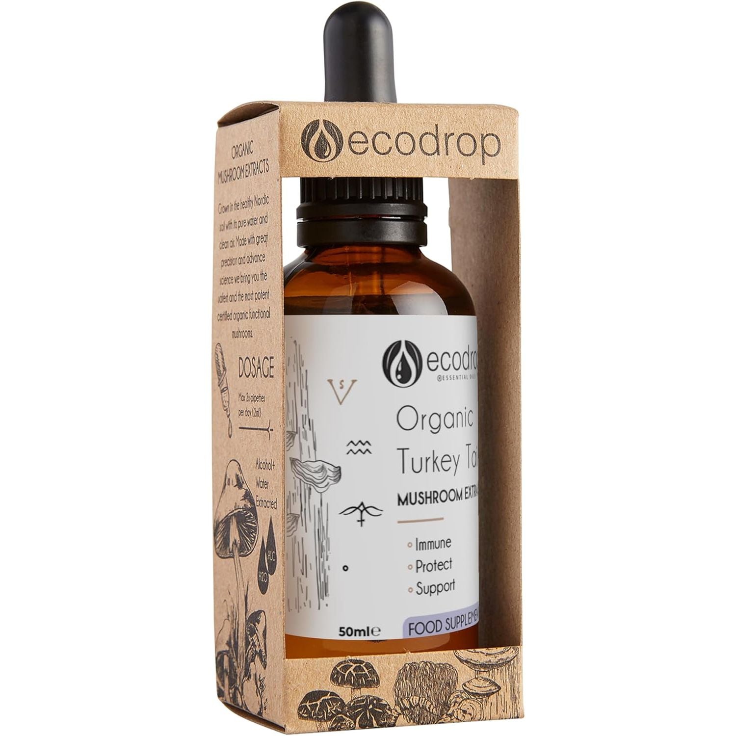 Ecodrop Organic Turkey Tail Mushroom I 50Ml I Double Extract Liquid Tincture Turkey Tail Supplement I Heavy Metal-Free, Nordic Sourced, & Fully Traceable I Manufactured in Finland