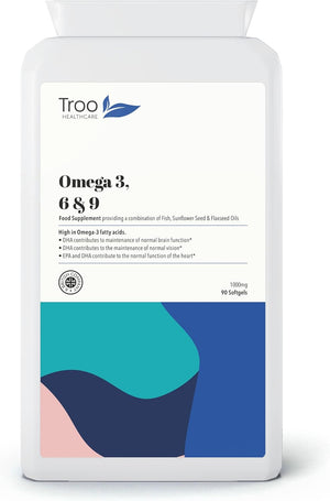 Troo Health Care Omega 3 6 9 Fish Oil 1000Mg 90 Softgel Capsules - Essential Fatty Acids Including EPA, DHA & ALA for Daily Brain, Vision, Heart, Cholesterol, Pregnancy Support