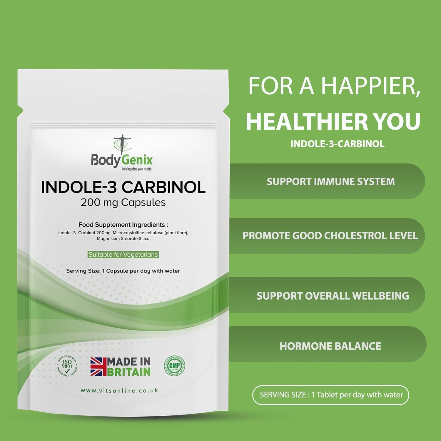 Bodygenix Indole-3 Carbinol 200Mg Vegan Capsules Hormonal Balance Immune System Detoxification Support Natural Food Supplement - 30 Capsules 1 Month Supply