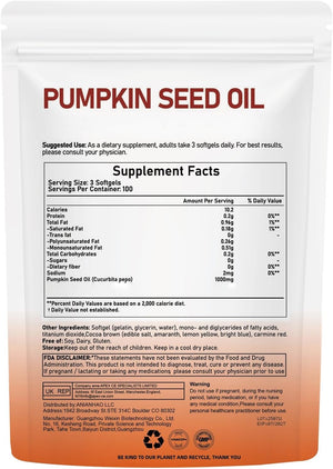 300 Softgel Pumpkin Seed Oil Capsules - Pumpkinseed Herbal Supplement - 2 in 1 Pumpkin Seed Extract | for Hair Growth, Cold Pressed, Supports Hair, Heart, Skin Supplement | Non-Gmo | Gluten Free