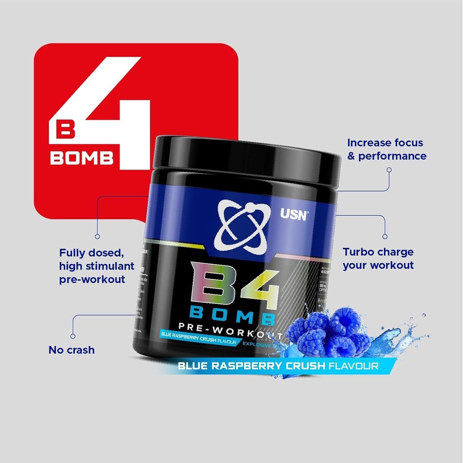 USN B4 Bomb Pre Workout Powder - 300G (20 Servings) Energy Drink Powder for Explosive Energy & Performance, 200Mg Caffeine, 6000Mg Citrulline, Creatine & 2000Mg Beta Alanine - Blue Raspberry Flavour