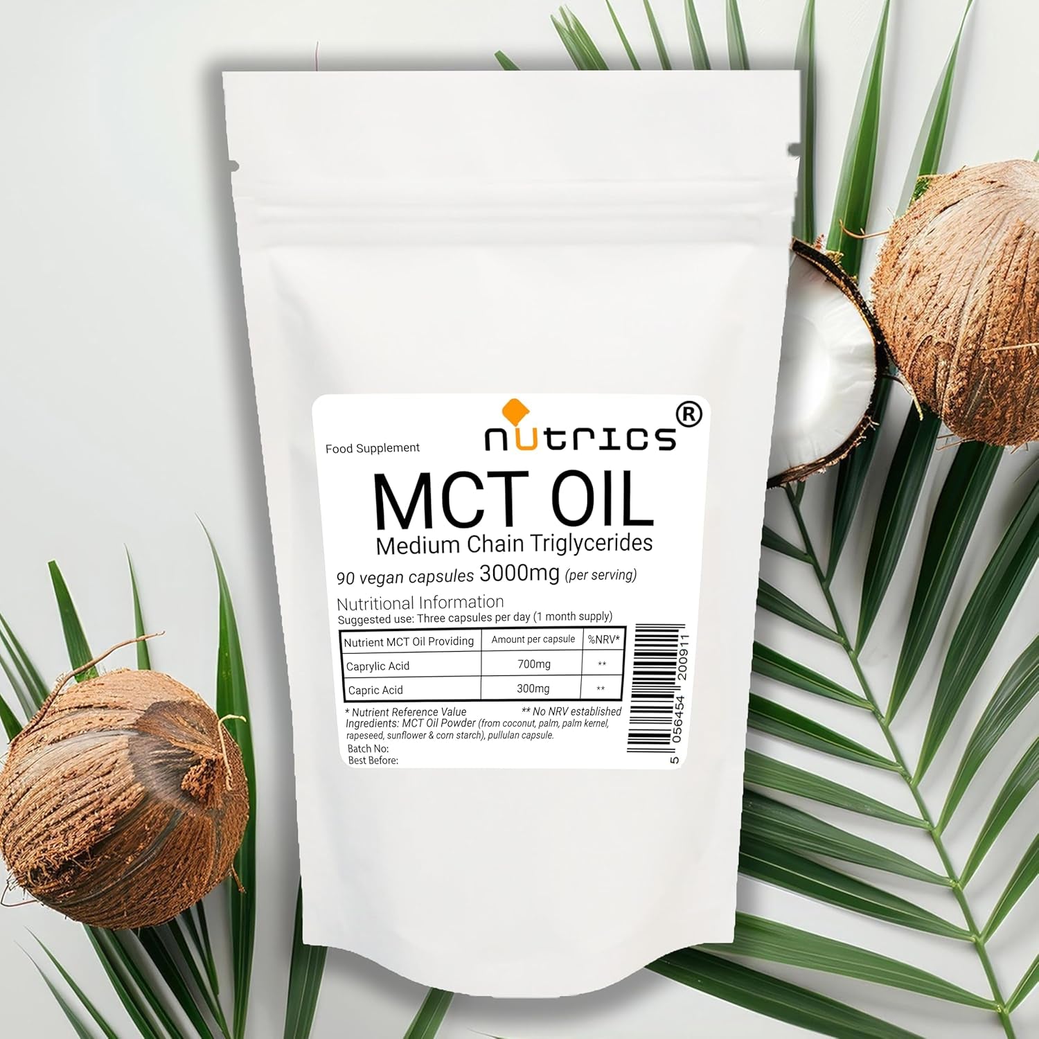 Nutrics® MCT Oil 3000Mg 90 V Capsules (1 Month Supply) Medium-Chain Triglycerides (Mcts) - Boosts Ketones - Suitable for Vegan