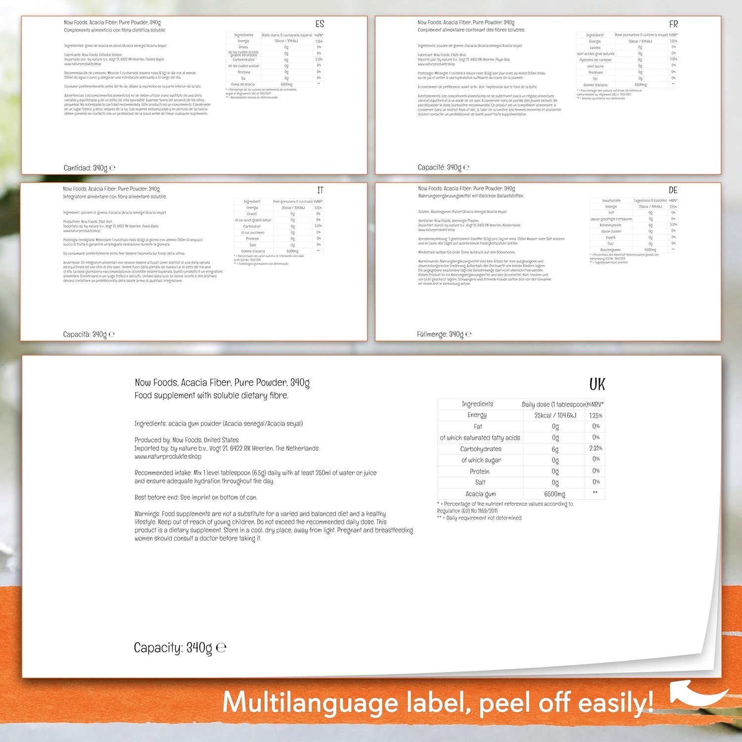 Now Foods, Acacia Fiber, Natural Dietary Fiber, 240G Vegan Powder, Soy Free, Gluten Free, Vegetarian, Non-Gmo