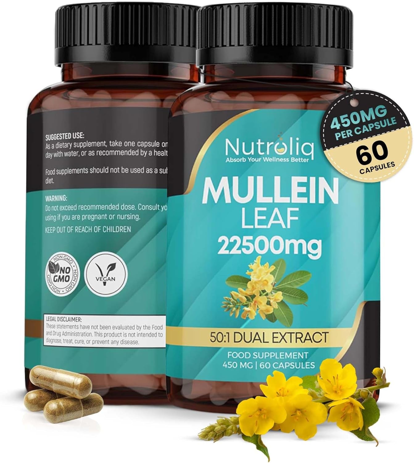 Nutroliq Mullein Leaf 50:1 Extract - Vegan, Non-Gmo Digestive Wellness & Sleep Support Supplement, 450Mg per Capsule, 60 Capsules (2-Month Supply)