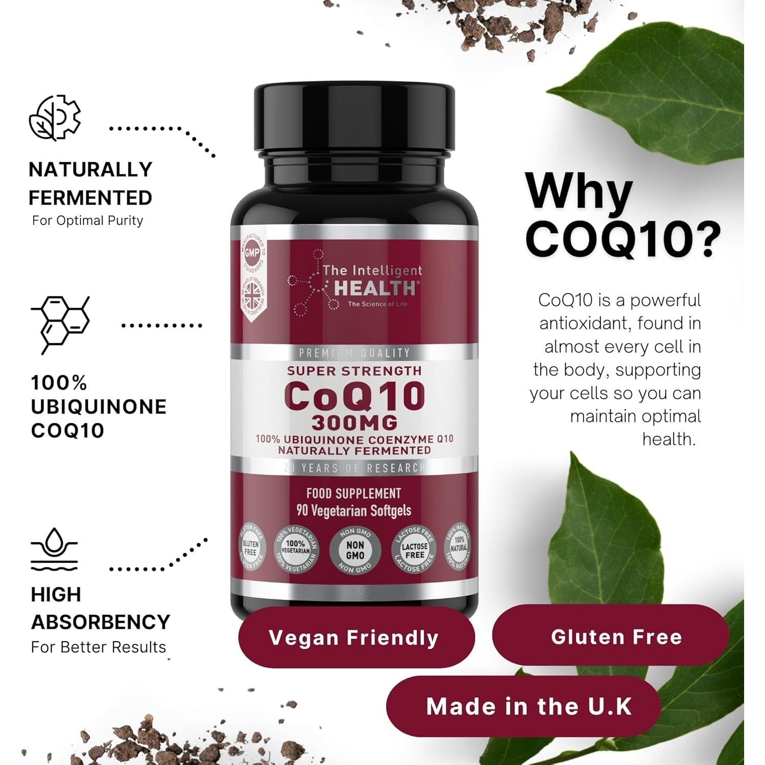 Ubiquinone Co Enzyme Q10 Softgel Capsules, Super Strength Vegan Friendly Naturally Fermented High Absorption Coq10 Capsules Made in the UK to GMP Standards - the Intelligent Health (90 Count, 200 Mg)