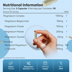 Magnesium Glycinate 4-In-1 Complex | 180 Capsules | 400Mg Elemental Magnesium | 3 Months Supply | with Citrate, Bisglycinate, Taurate & Malate | Added L-Leucine 90Mg | Vegan & Non-Gmo | Made in the UK