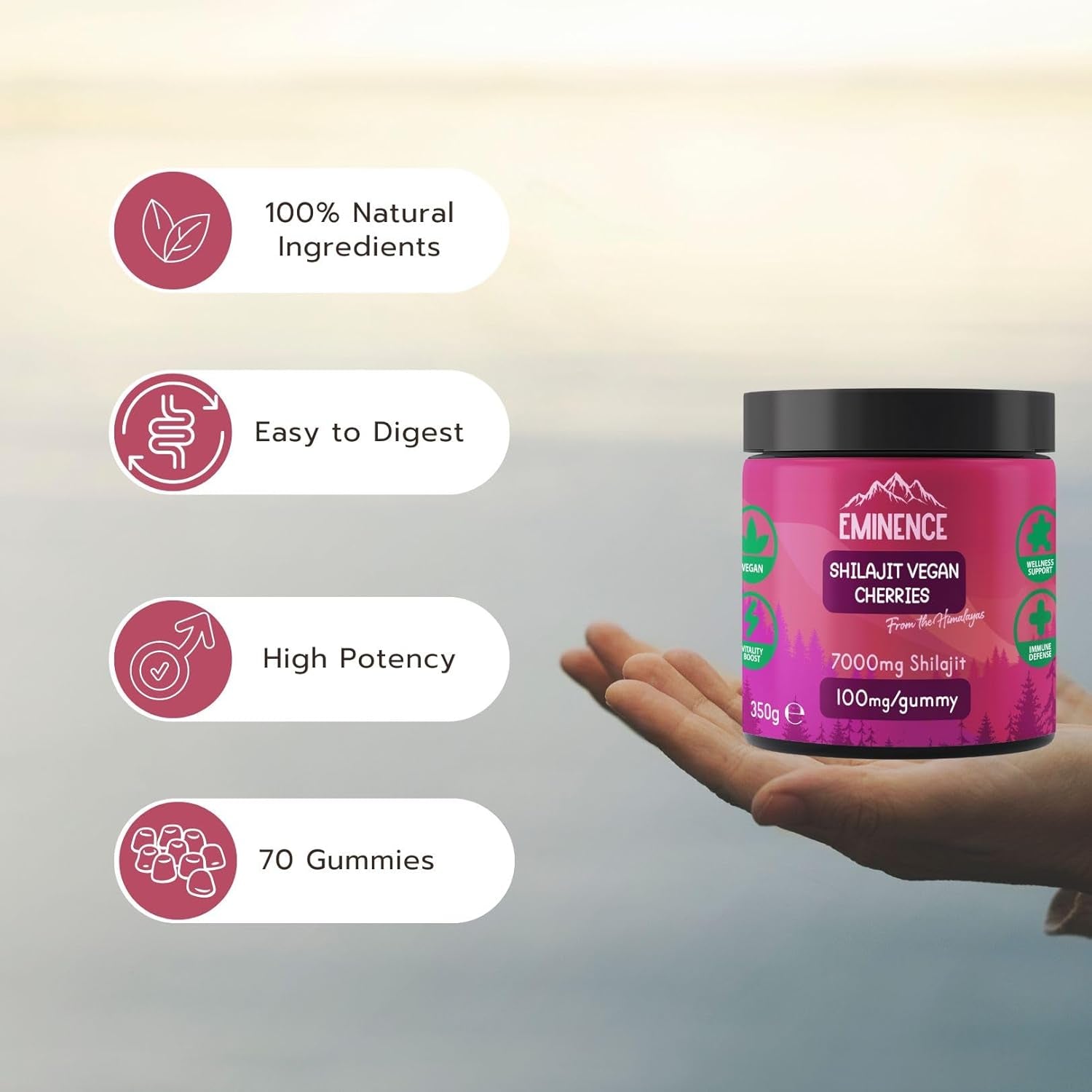 Eminence 7000Mg Pure Himalayan Shilajit Gummies | 100% Vegan | High Strength Organic Fulvic Acid Supplement | Natural Energy Booster | Women & Men | Made in UK - Cherries