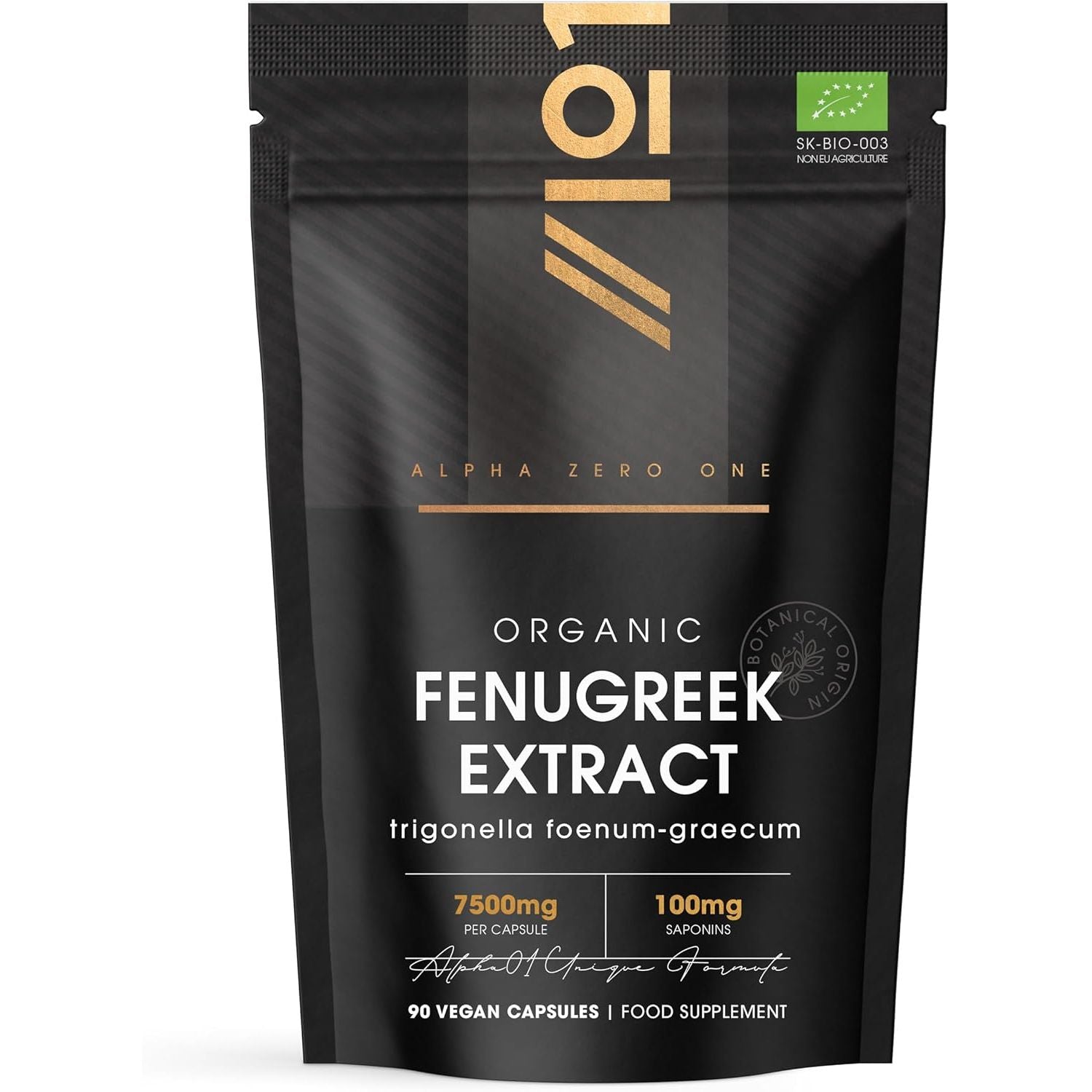 Organic Fenugreek Extract 7500Mg - High Strength 20% Saponins (100Mg) Supplement - 90 Vegan Capsules (3 Months Supply) - Resealable and Recyclable Pouch - by Alpha01