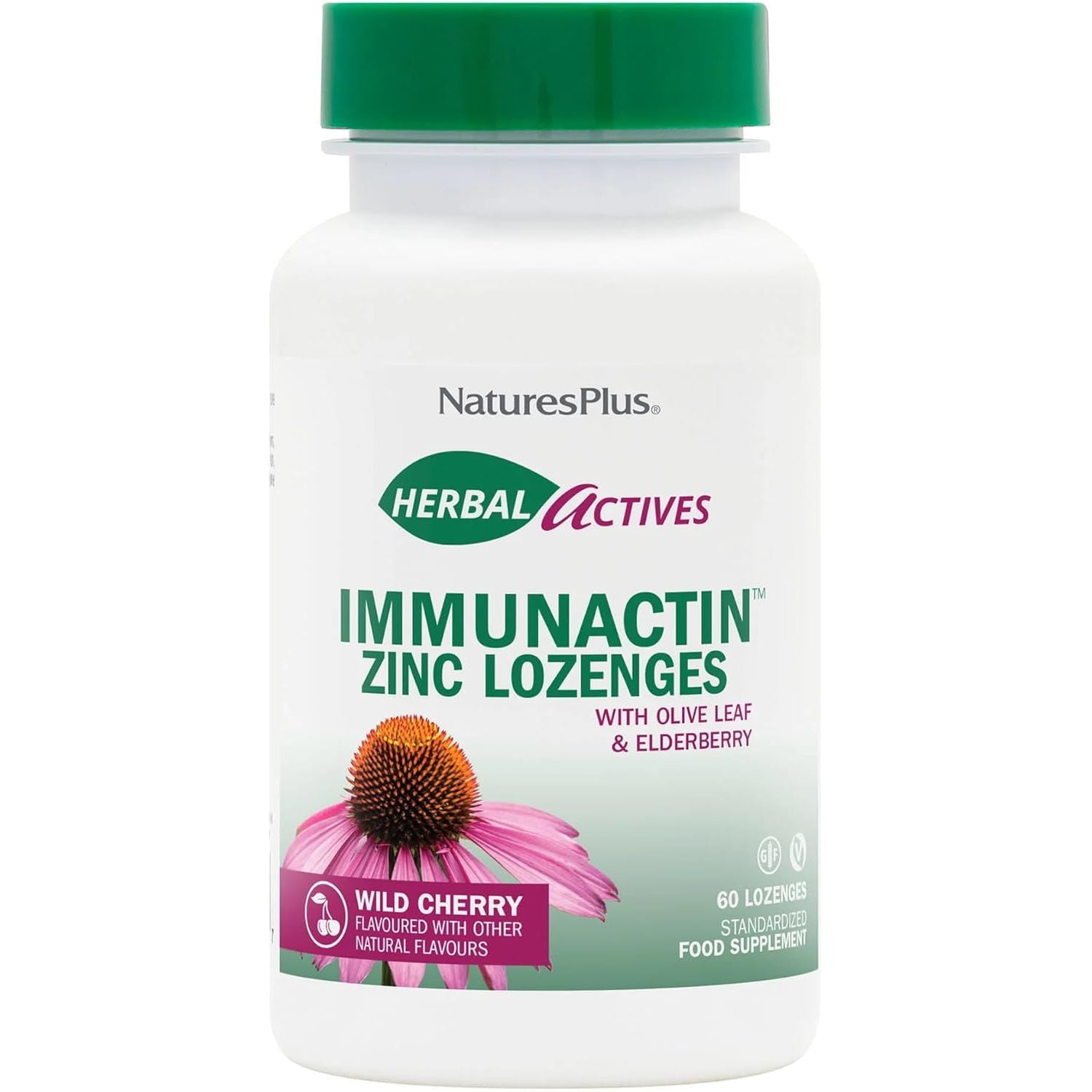 Naturesplus Herbal Actives Immune Zinc Lozenges, Cherry Flavour - Chewable Zinc and Vitamin C Tablets with Olive Leaf, Elderberry and Vitamin D3 - Vegan, Gluten Free - 60 Chewables