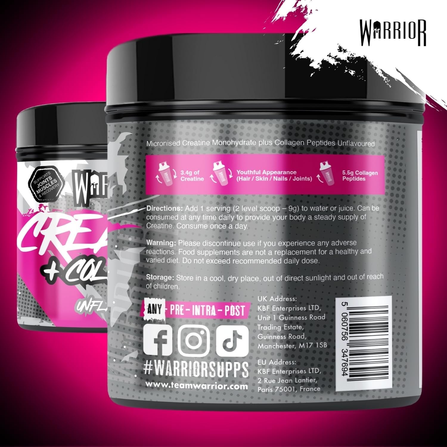 Warrior Creatine Monohydrate + Collagen Powder 270G - Pure Hydrolysed Peptides (Bovine) - Supports Muscle Recovery - Workout Supplement for Women and Men (Not Tablet) - 30 Servings (Unflavoured)