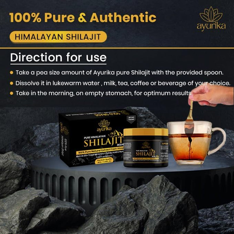Shilajit Resin - 40G Jar with Spoon - Shilajit Resin Himalayan Supplement - Gold Grade - over 60% Fulvic Acid, Humic Acid & 85 Trace Minerals - 3Rd Party Lab Tested
