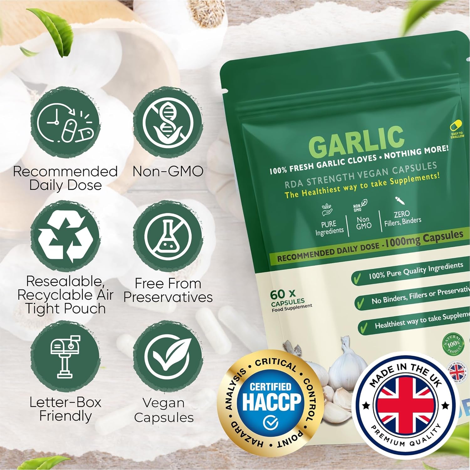 Foodpura 60 X Pure Garlic Capsules Recommended Daily Strength 1000Mg - Capsules Are the SAFEST Way to Take Any Supplement! HACCP Certified, Manufactured in the UK.