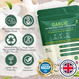 Foodpura 60 X Pure Garlic Capsules Recommended Daily Strength 1000Mg - Capsules Are the SAFEST Way to Take Any Supplement! HACCP Certified, Manufactured in the UK.