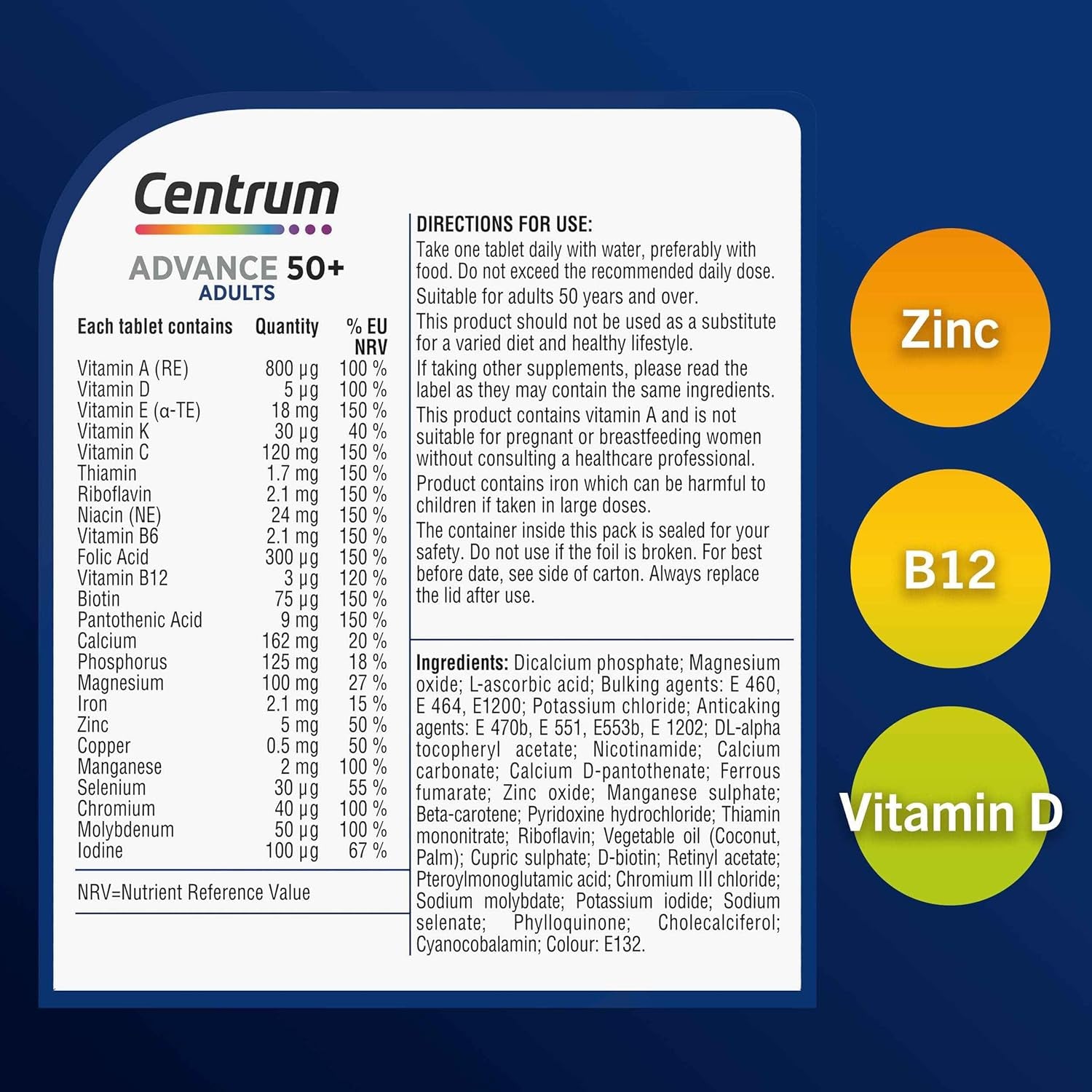 Centrum Advance 50+ Tablets Multivitamin & Mineral Supplements, with 24 Essential Nutrients, Including Vitamin D, C, Zinc, 180 Ct