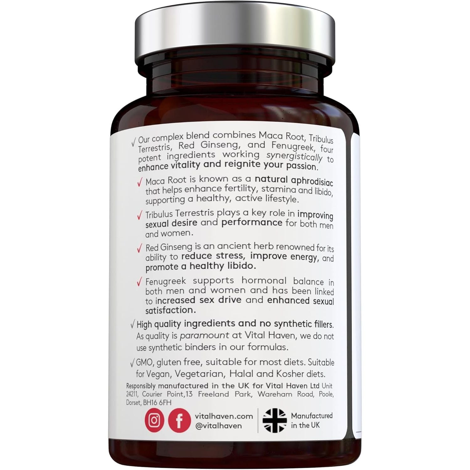 [Vital Haven] 4-In-1 Libido Booster - Maca Root + Tribulus Terrestris + Red Ginseng + Fenugreek with Bioperine for Maximum Absorption - Max Potency - 2-Month Supply - Vegan - Made in the UK