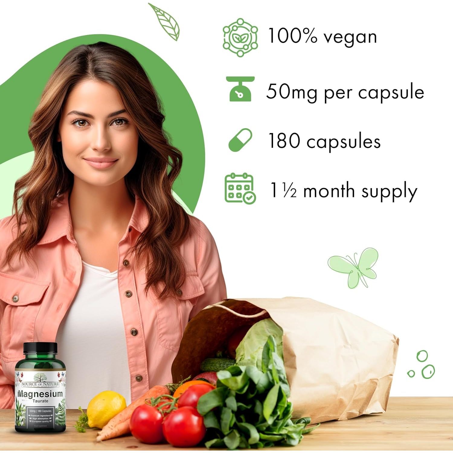 Source of Nature® | Magnesium Taurate 625Mg | 180 Capsules | 45-Day Supply | 50Mg Elemental | High Absorption | Gentle on Stomach | Lab-Tested Purity