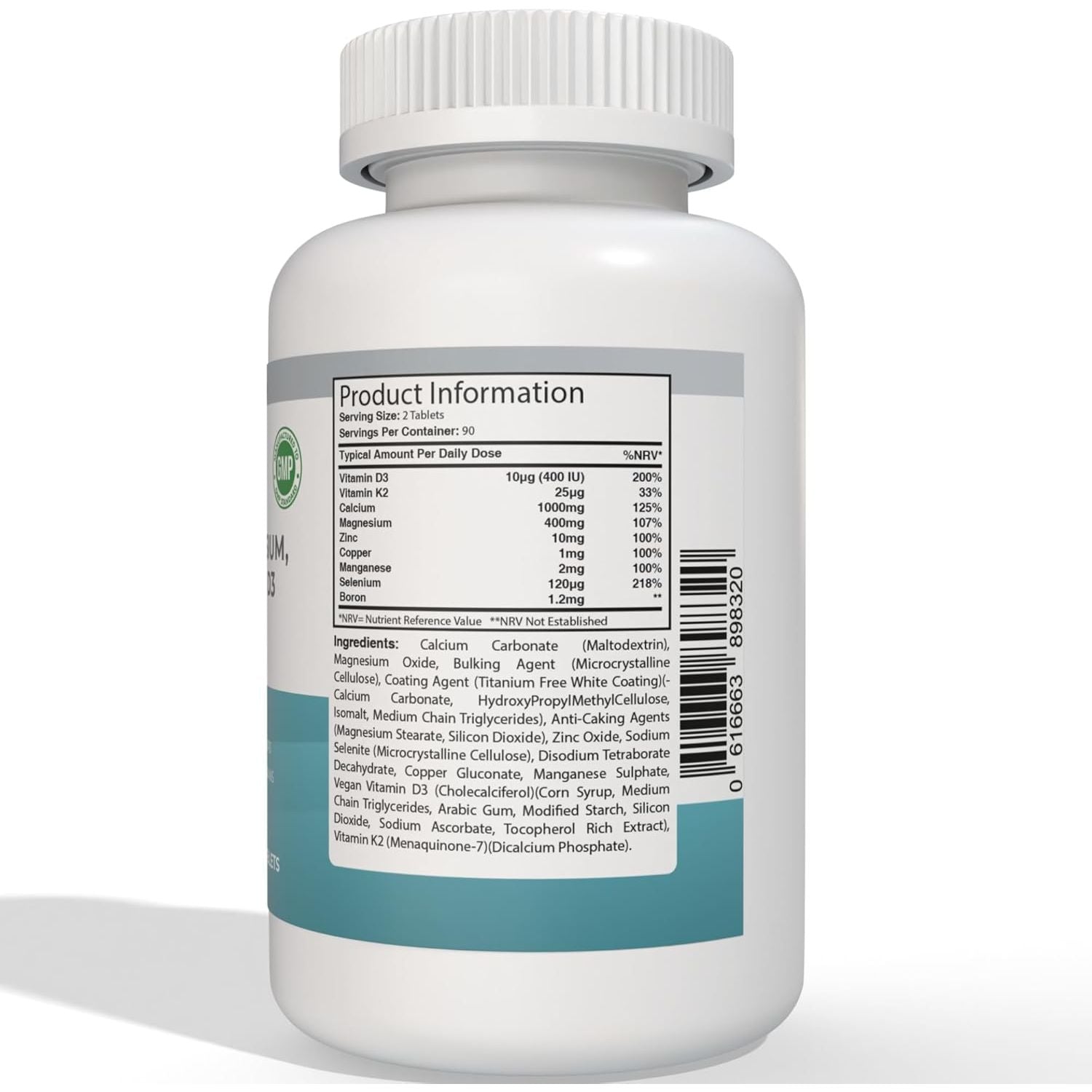 Calcium Magnesium Zinc and Vitamin D plus Vitamin K2 MK-7 Supplement - 180 Vegan Tablets - High Strength Calcium Tablets Complex with Vitamin K2 Copper Manganese Selenium & Boron - UK Made