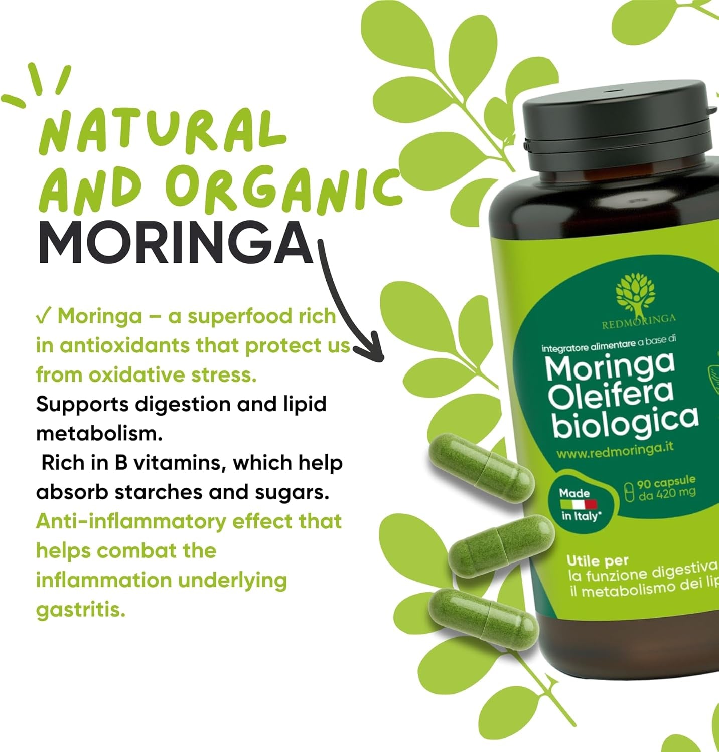Organic Moringa Oleifera Capsules – 100% Natural Superfood | High Fibre Supplements | Supports Digestion, Metabolism & Immune System | 90 Moringa Capsules Made in Italy - Redmoringa