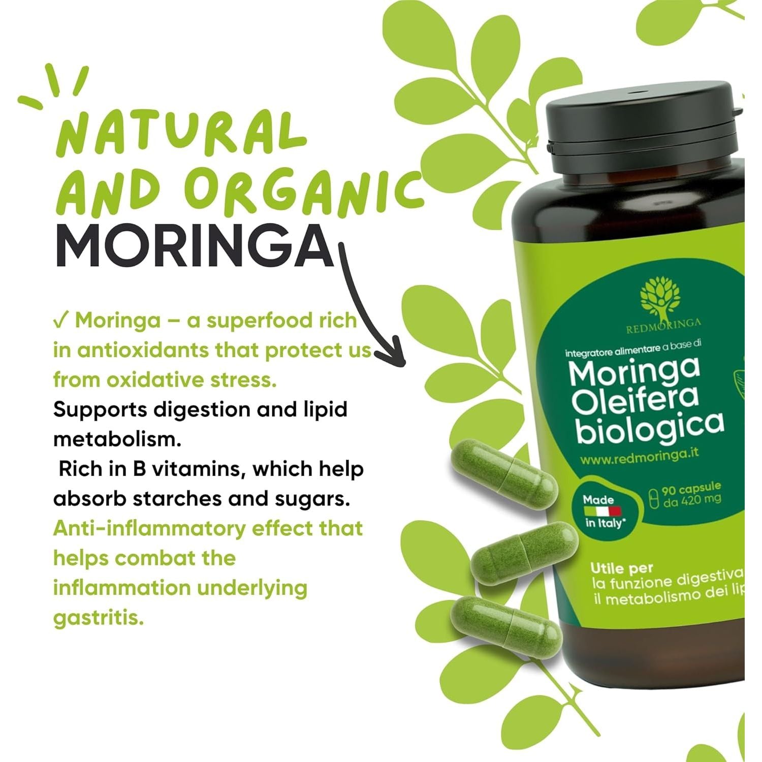 Organic Moringa Oleifera Capsules – 100% Natural Superfood | High Fibre Supplements | Supports Digestion, Metabolism & Immune System | 90 Moringa Capsules Made in Italy - Redmoringa