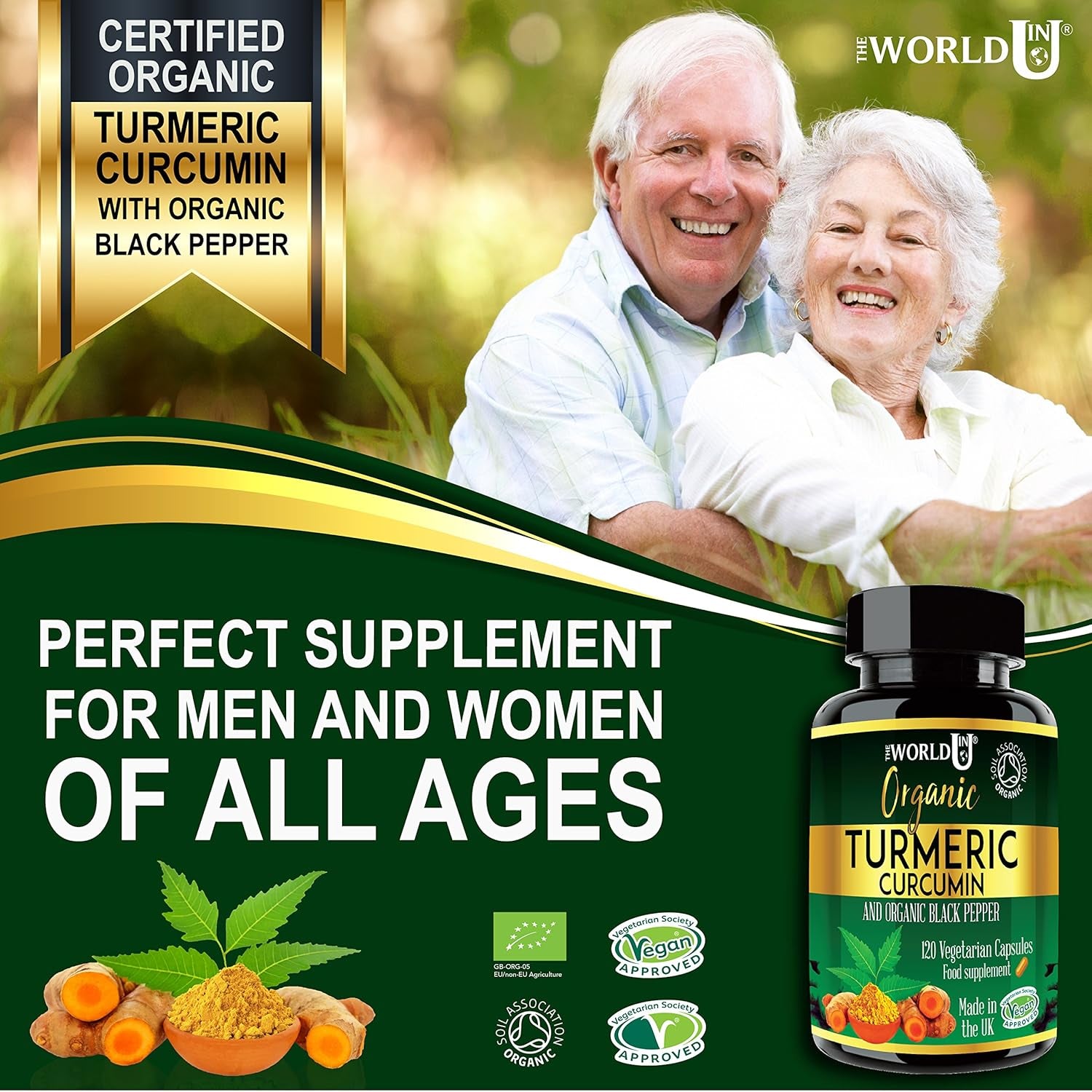 Ultra Pure Organic Turmeric Curcumin and Organic Black Pepper Capsules High Strength Food Supplement 120 Veg Capsules Soil Association Organic Certified and Vegetarian Society Approved - Made in UK