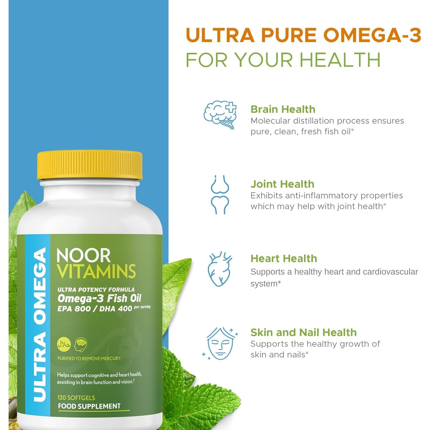 Halal Fish Oil, Halal Vitamins, Fish Oil Halal by Noor Vitamins, Ultra Omega 3 Wild Peruvian Fish Oil (800 Mg EPA & 400 Mg DHA) Heart, Brain & Joint Support, Non-Gmo & Gluten Free (120 Count)