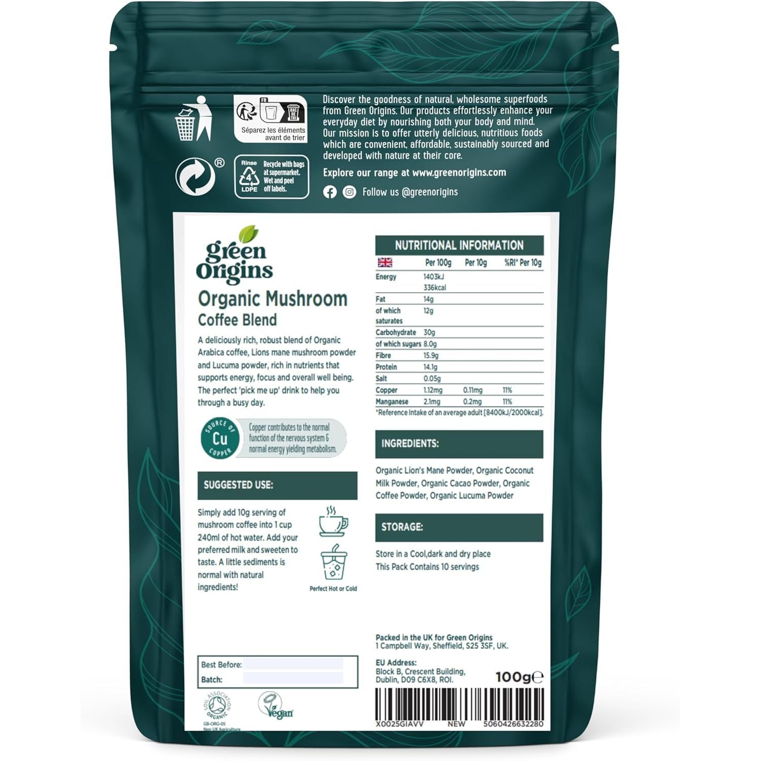 Green Origins Organic Super Mushroom Mocha Latte Blend with Lion'S Mane, Coffee & Cacao for Energy & Focus |10 Servings, 100G | Vegan, Dairy Free, Gluten Free, Kosher, No Added Sugar