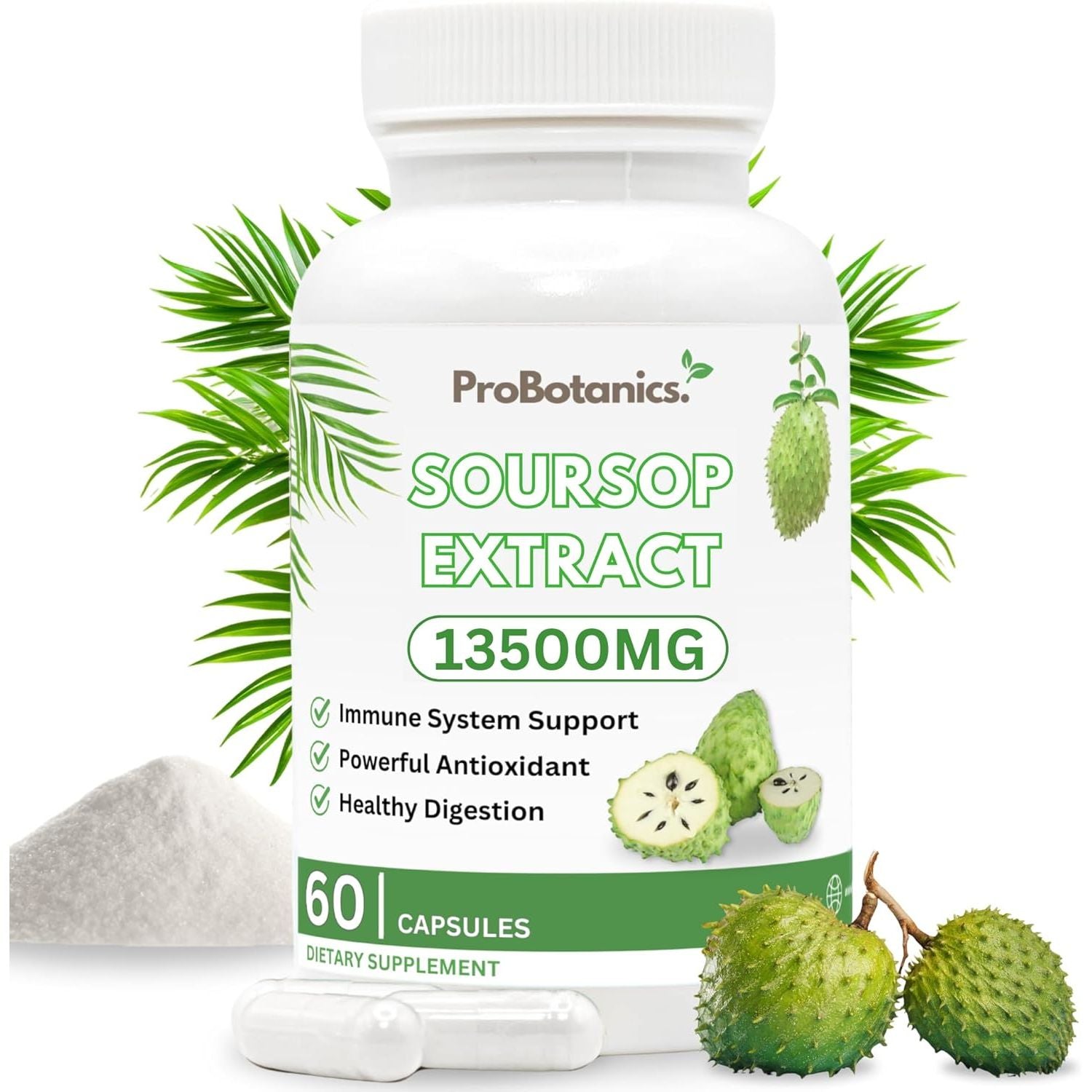 Organic Soursop Capsules | Full Spectrum 13500Mg 30:1 Extract per Serving | Potent Antioxidant & Immune Support - 60 Capsules