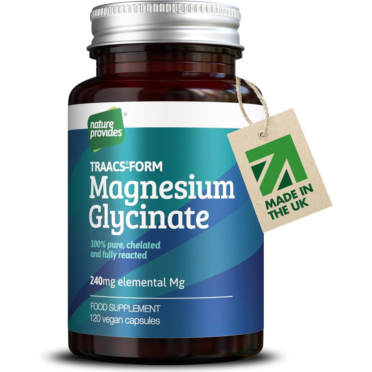 Magnesium Glycinate TRAACS (Bisglycinate) 240Mg - 120 Vegan Capsules, 100% Pure, No Fillers/Buffers, Chelated, Highly Bioavailable, Muscle & Sleep Support, Stress Relief, UK Made by Nature Provides